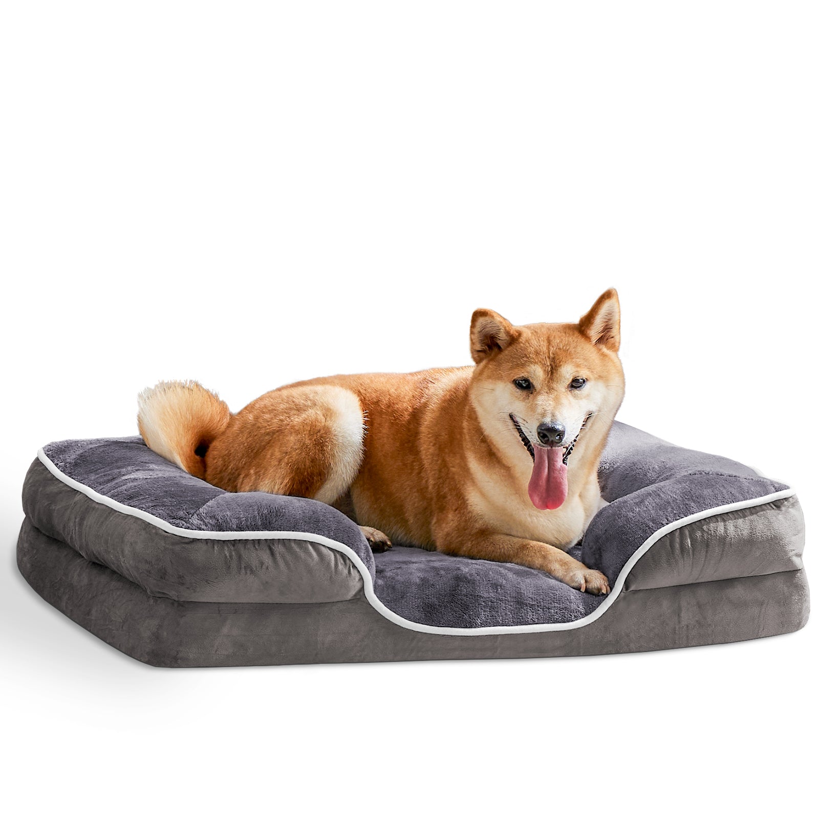 Grey pet bed with soft cushioned sides and raised rim for dogs and cats