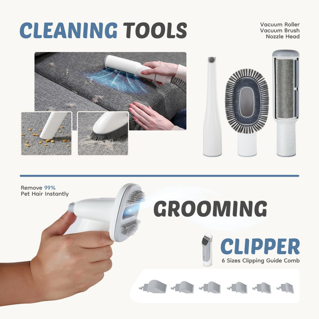 Cleaning brush and roller head for vacuum grooming clipper with comb guards