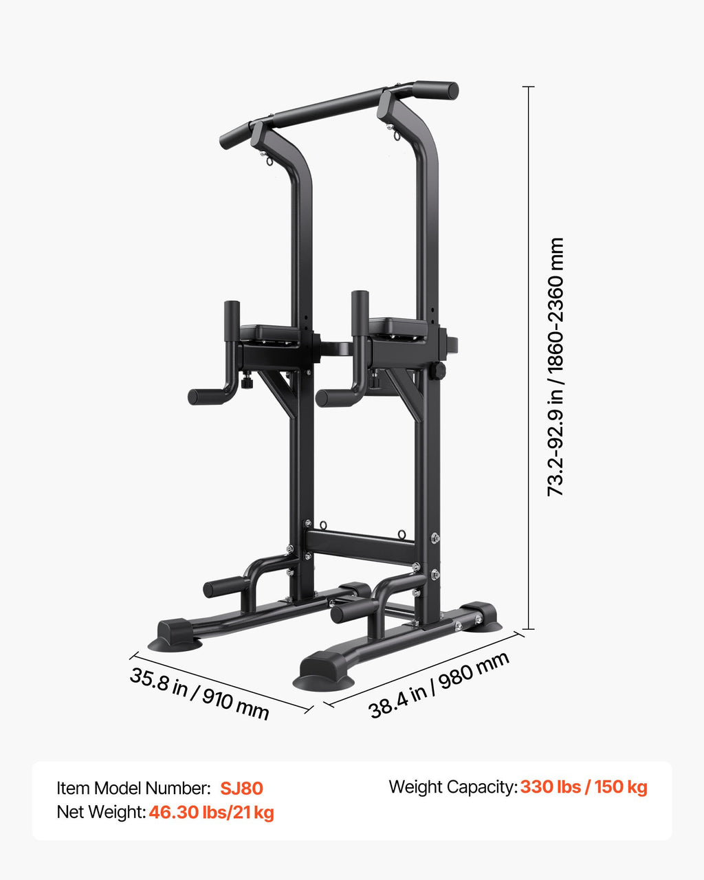 Power tower dip station with pull-up bars, black steel frame and dip handles