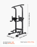 Power tower dip station with pull-up bars, black steel frame and dip handles