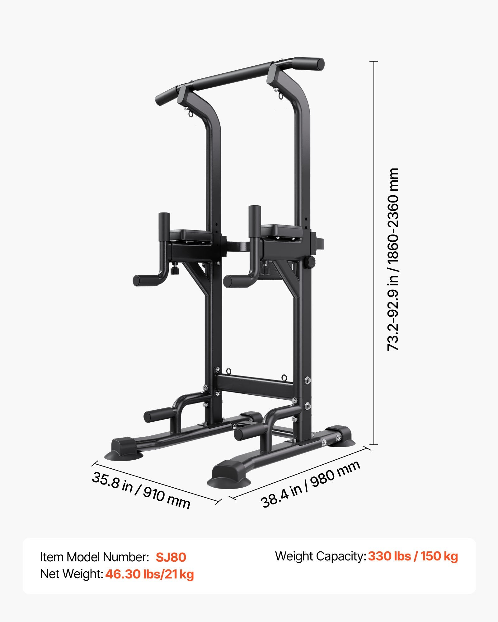 Power tower dip station with pull-up bars, black steel frame and dip handles