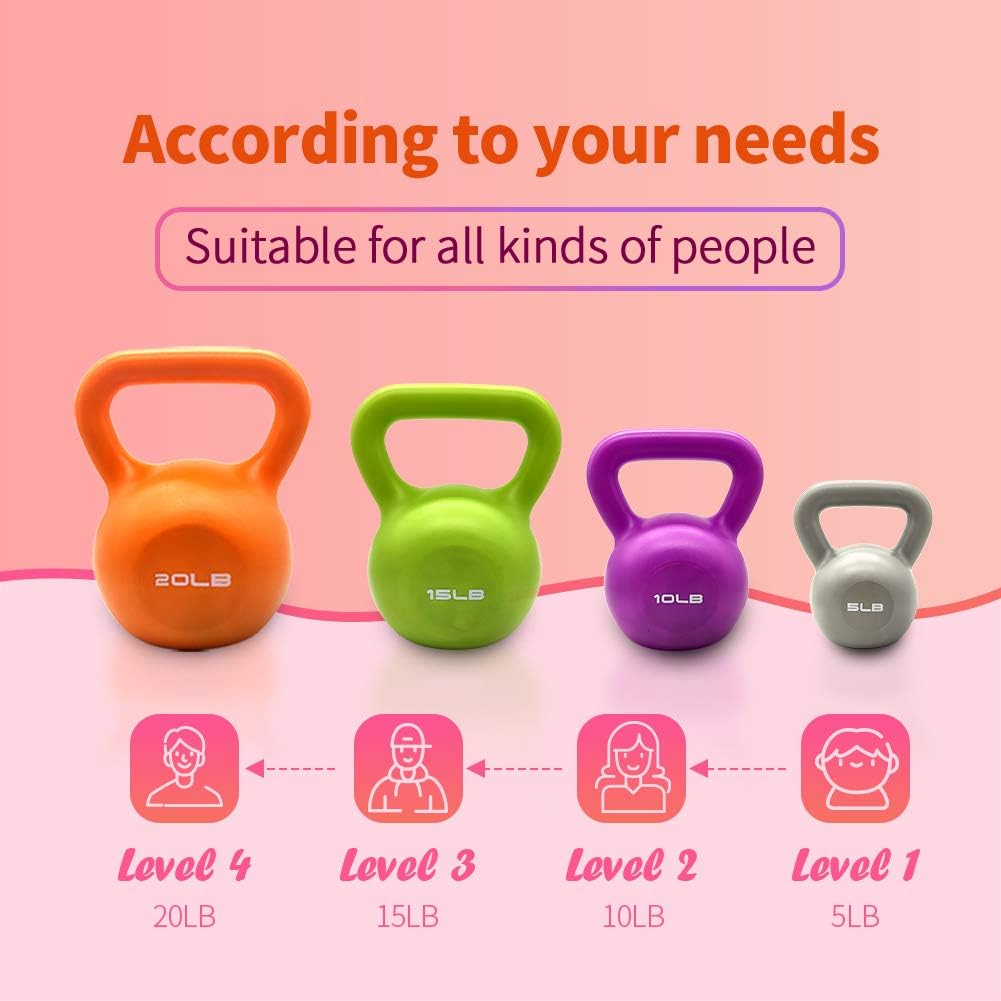 Set of kettlebells on display, including green, purple, orange, and gray options