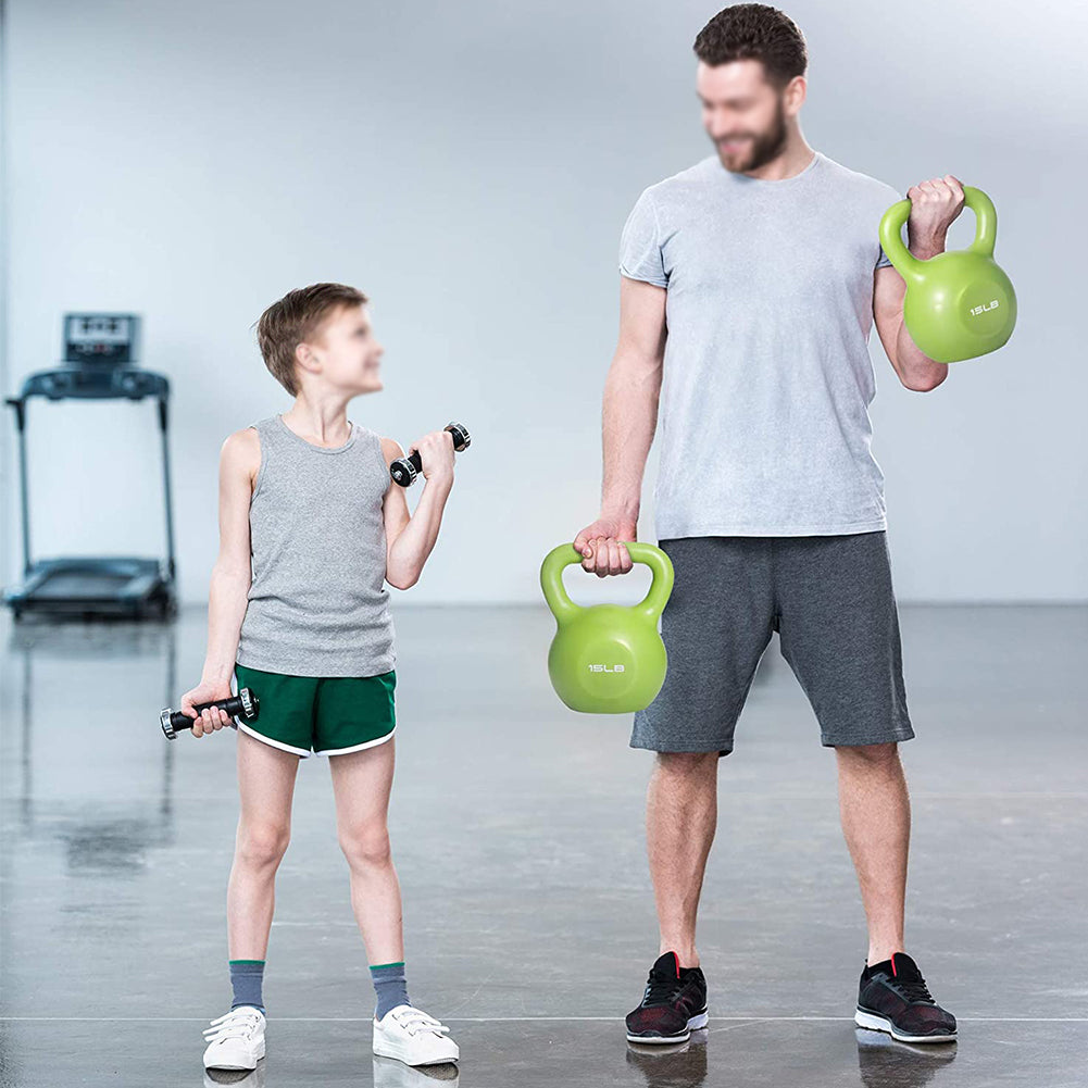 Green kettlebell marked 15LB held by two people exercising