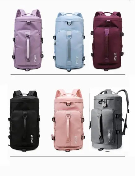 Convertible gym bag color assortment: purple, blue, burgundy, black, pink, grey