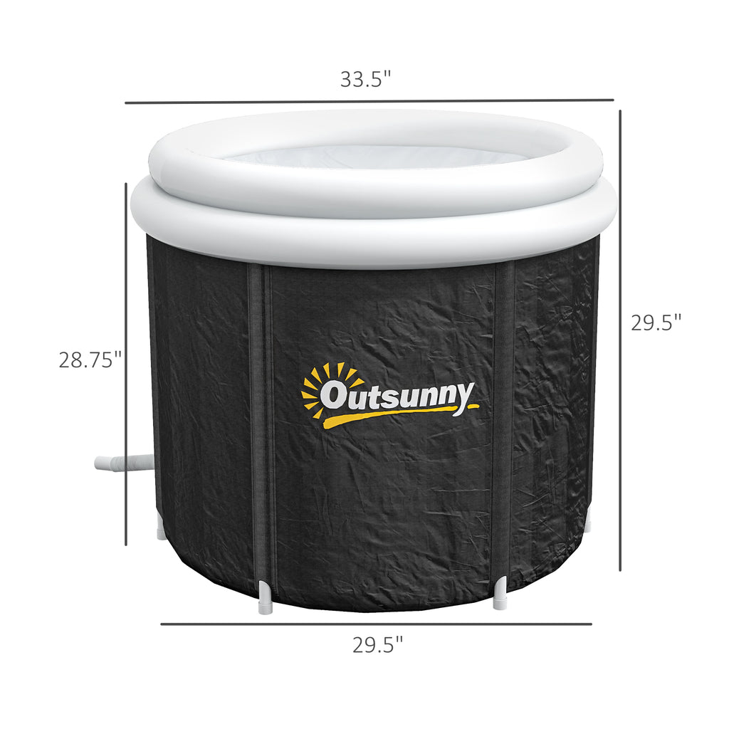 Black insulated ice bath tub with white inflatable thermo lid and four white support legs