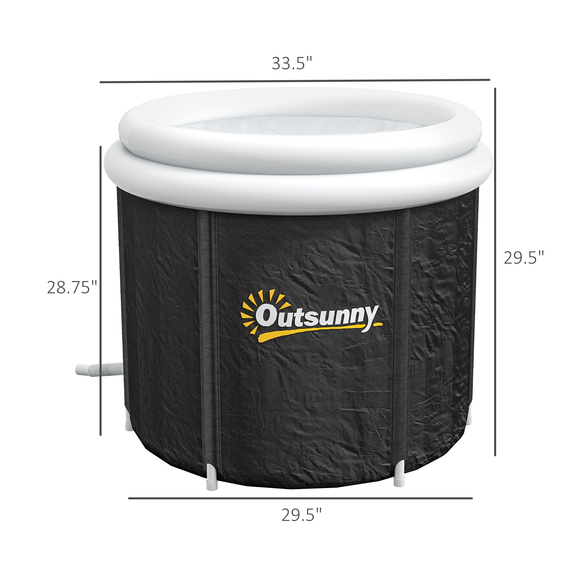 Black insulated ice bath tub with white inflatable thermo lid and four white support legs