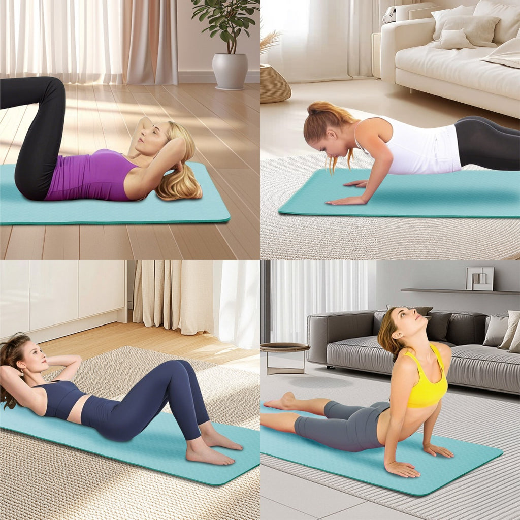 Teal non-slip yoga mat on the floor under a person doing a side plank