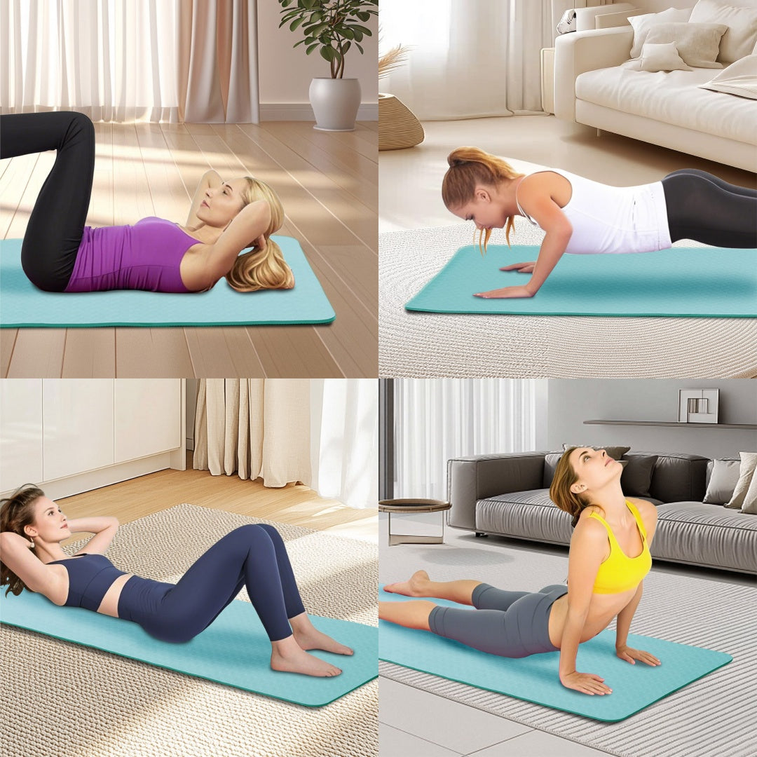 Teal non-slip yoga mat on the floor under a person doing a side plank