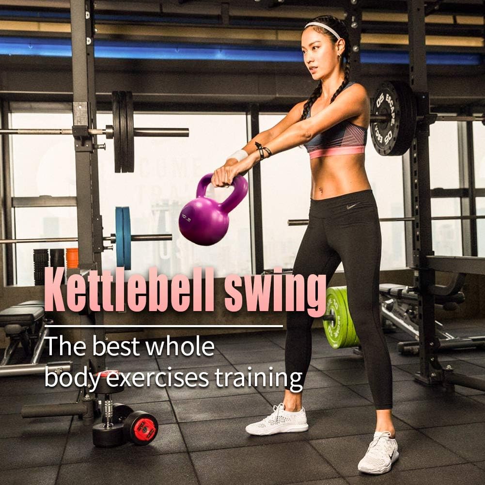 Purple kettlebell in use for kettlebell swings during strength training