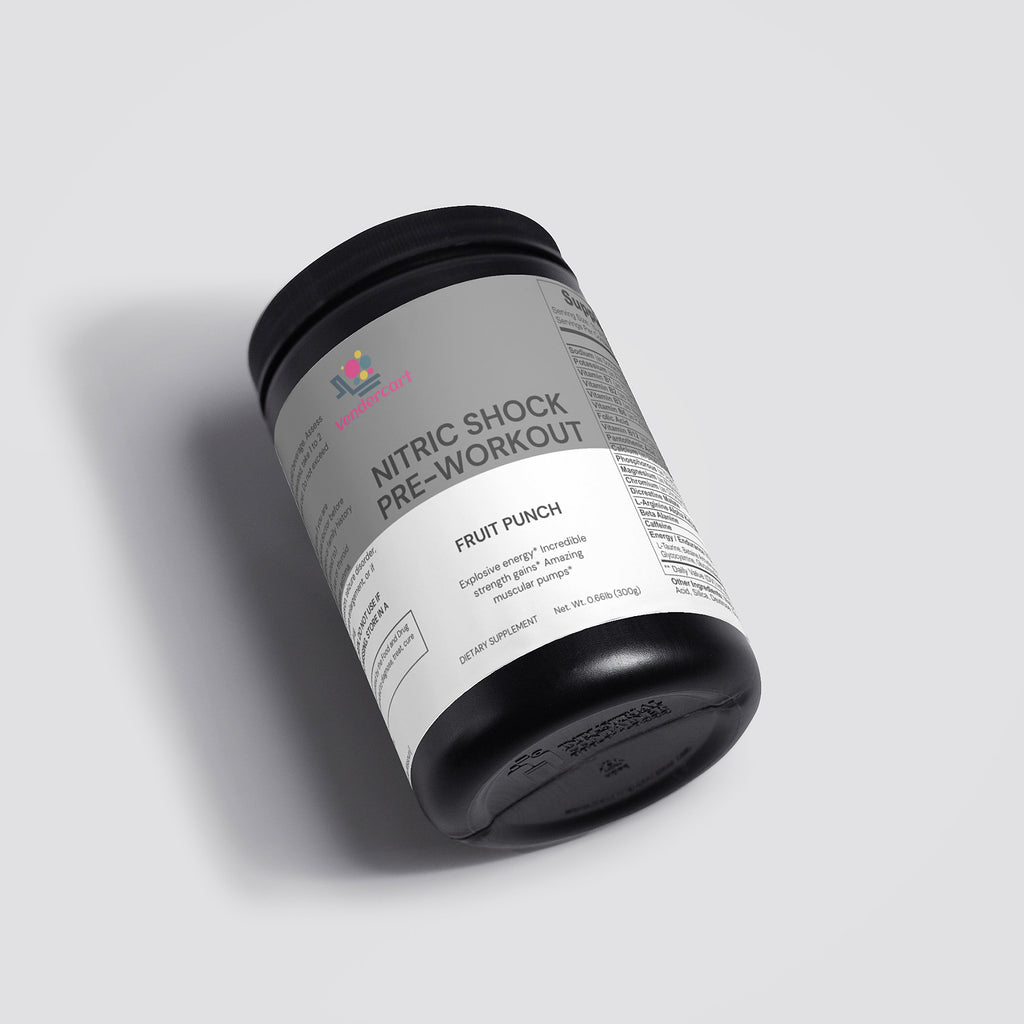 Nitric Shock pre-workout tub viewed from the side/back with Fruit Punch label