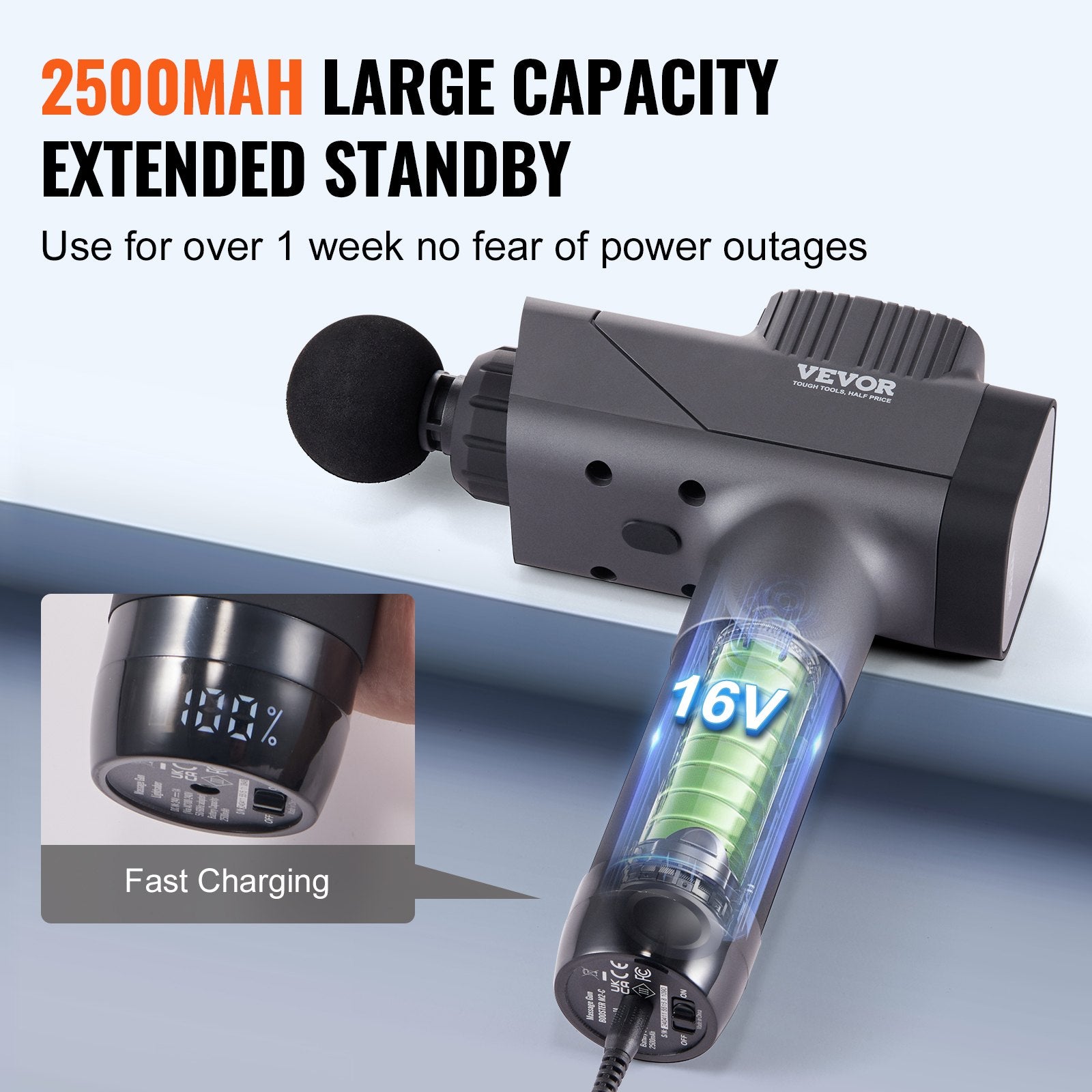 Grey deep tissue massage gun with round foam head and illuminated power indicator
