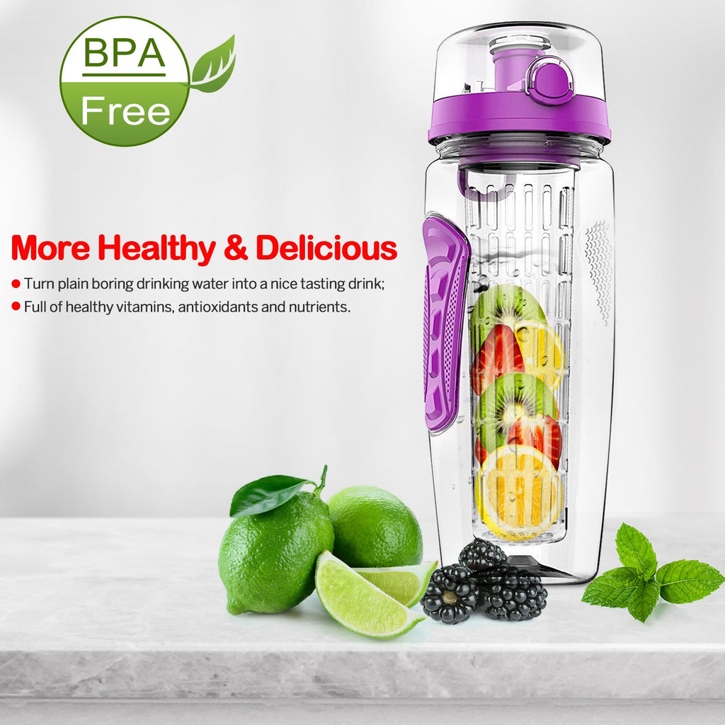 32oz fruit infuser water bottle with purple flip-top, clear body, and fruit infuser basket