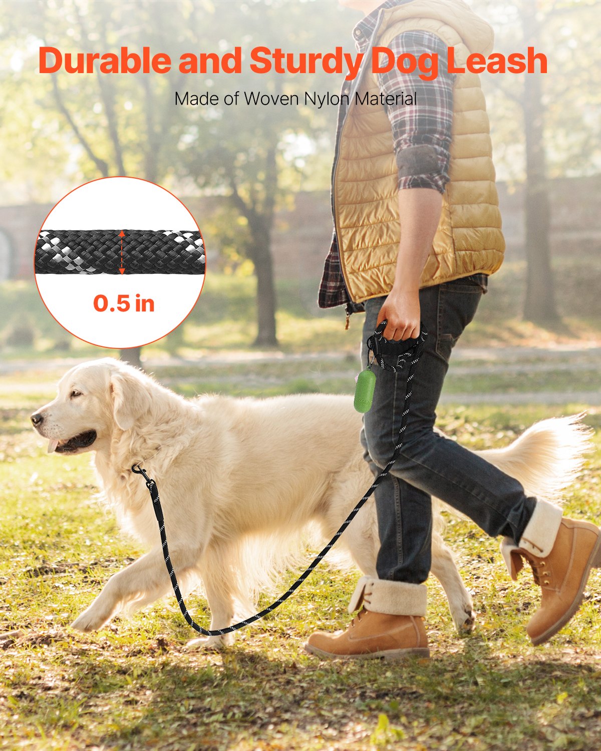 Black reflective rope leash on a dog, padded handle and metal clip