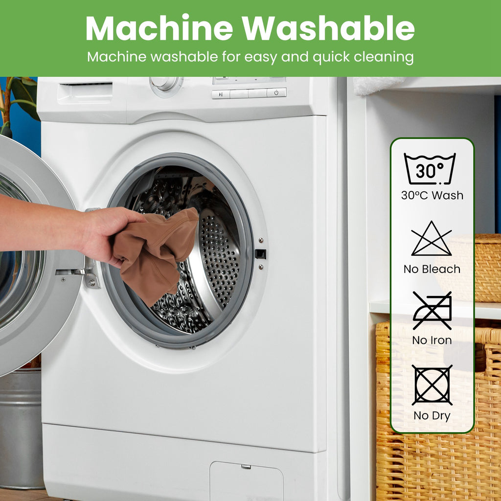 Brown high-waist athletic shorts in a front-load washing machine