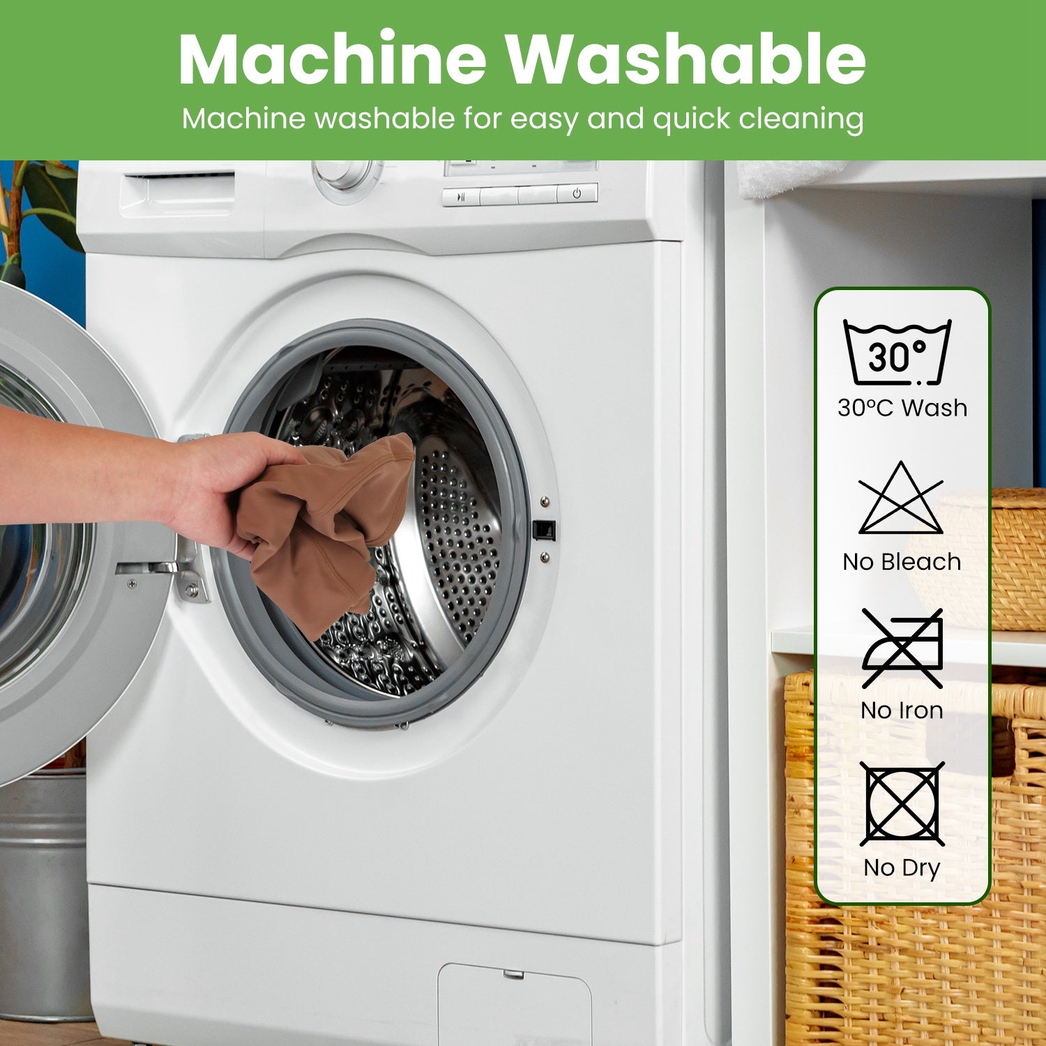 Brown high-waist athletic shorts in a front-load washing machine