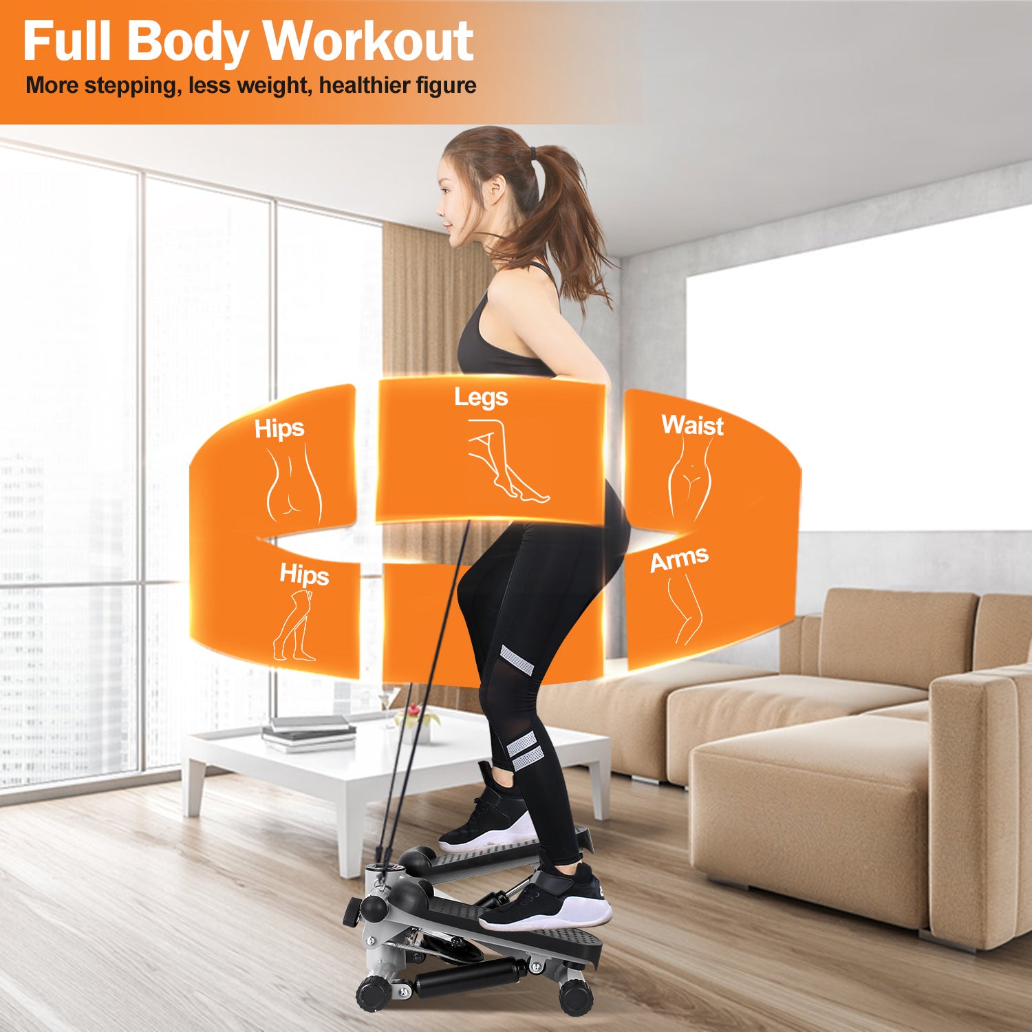 Mini fitness stepper with LCD, dual black step pads, and resistance bands for full-body use
