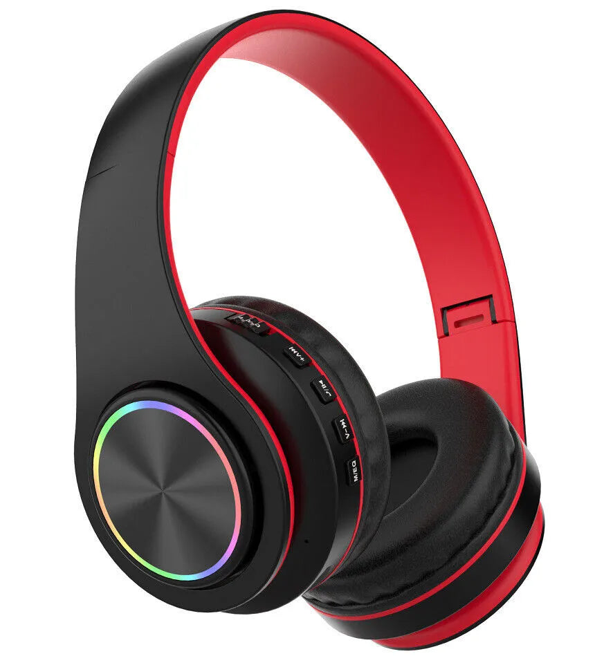 Red-and-black foldable wireless LED headphones with rainbow LED ring on ear cup