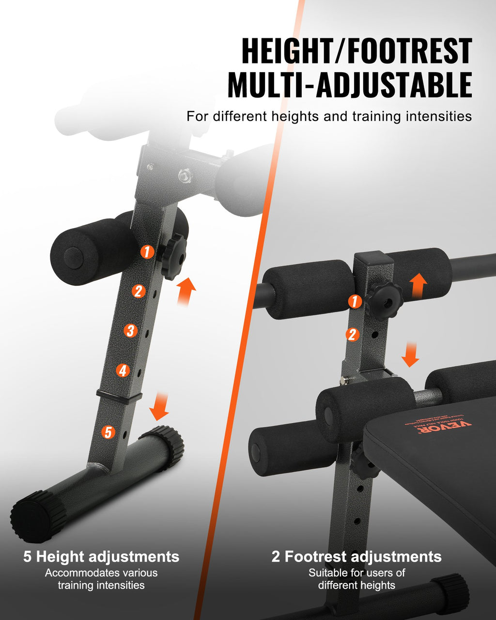 Decline ab bench with adjustable footrest levers and padded roller supports
