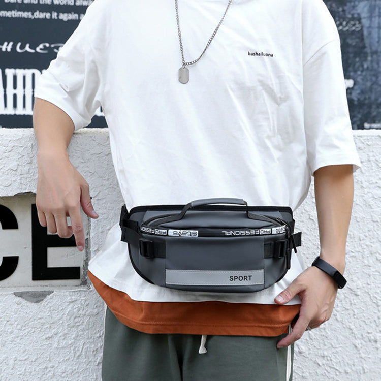 Black waist bag with gray front panel and SPORT label, worn with adjustable strap
