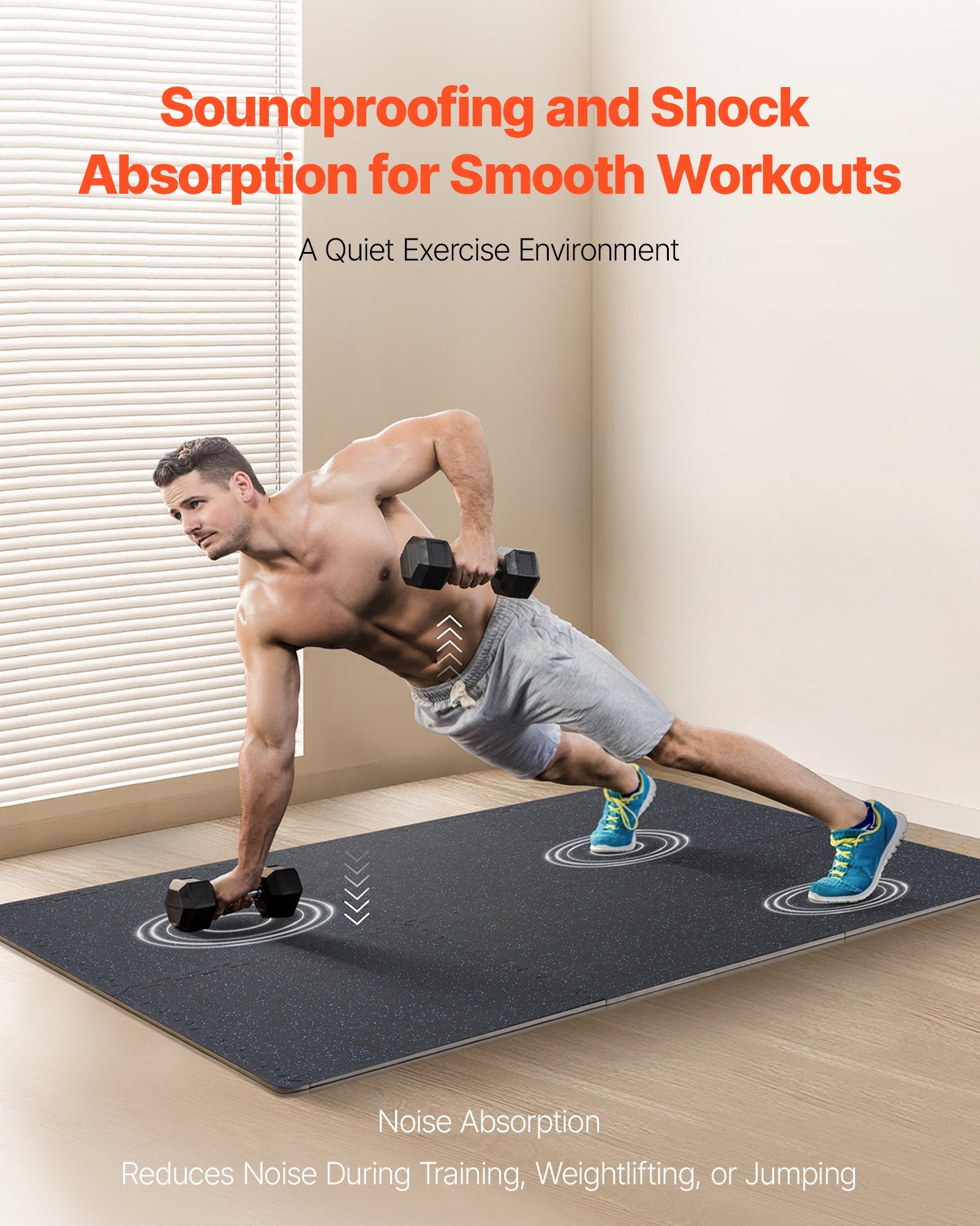 Dark gray interlocking gym floor mat for shock absorption during floor workouts