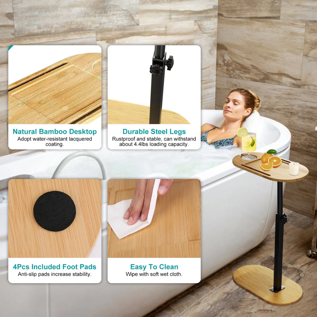 Bamboo bathtub tray caddy with black steel legs and anti-slip foot pads