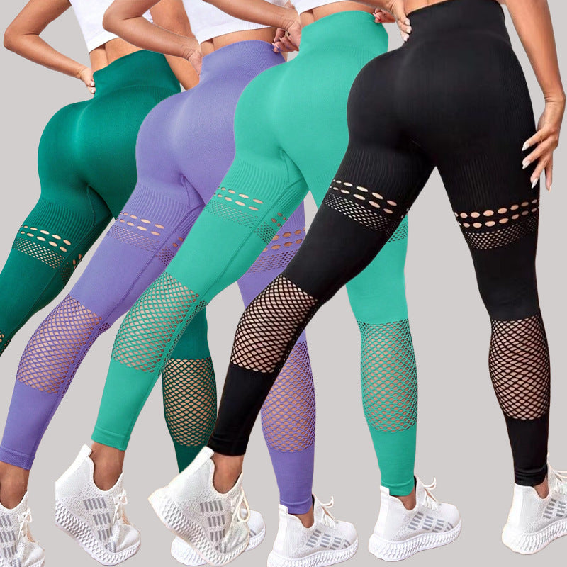 Women’s seamless yoga leggings set in black, purple, teal, and lavender with mesh cutouts