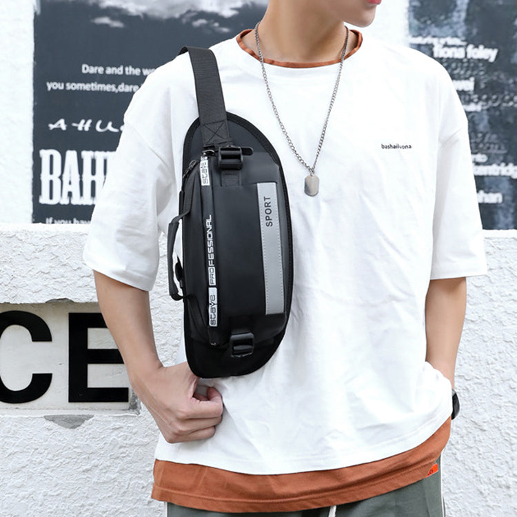 Black waist bag crossbody worn with adjustable strap and SPORT panel