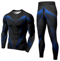 Men's black long-sleeve compression top and leggings set with blue V-shaped panel lines