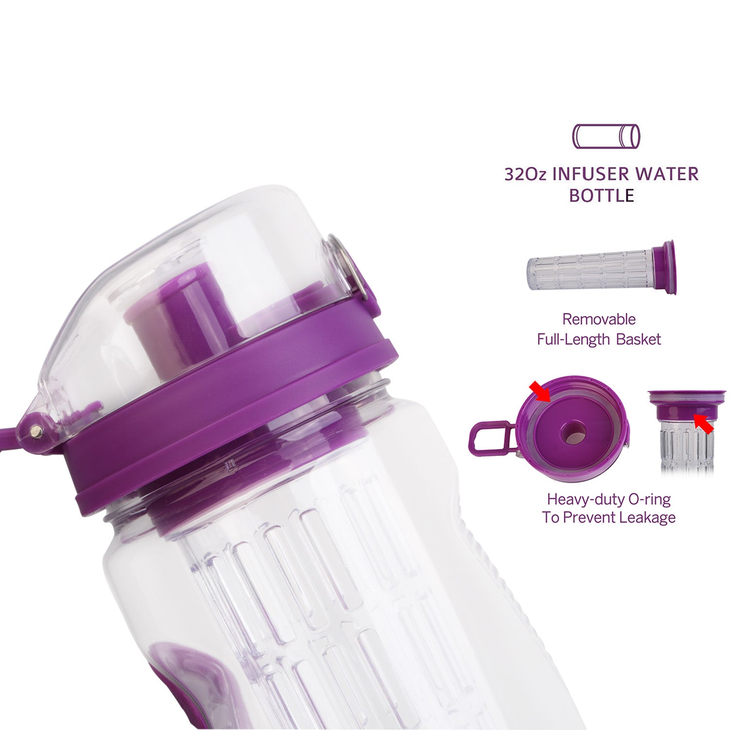 32oz fruit infuser water bottle with purple lid, clear body, and side carrying handle