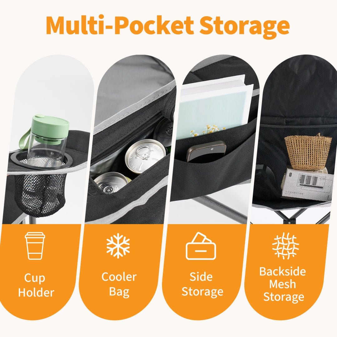 Camping folding chair with multi-pocket storage and mesh side pocket compartments