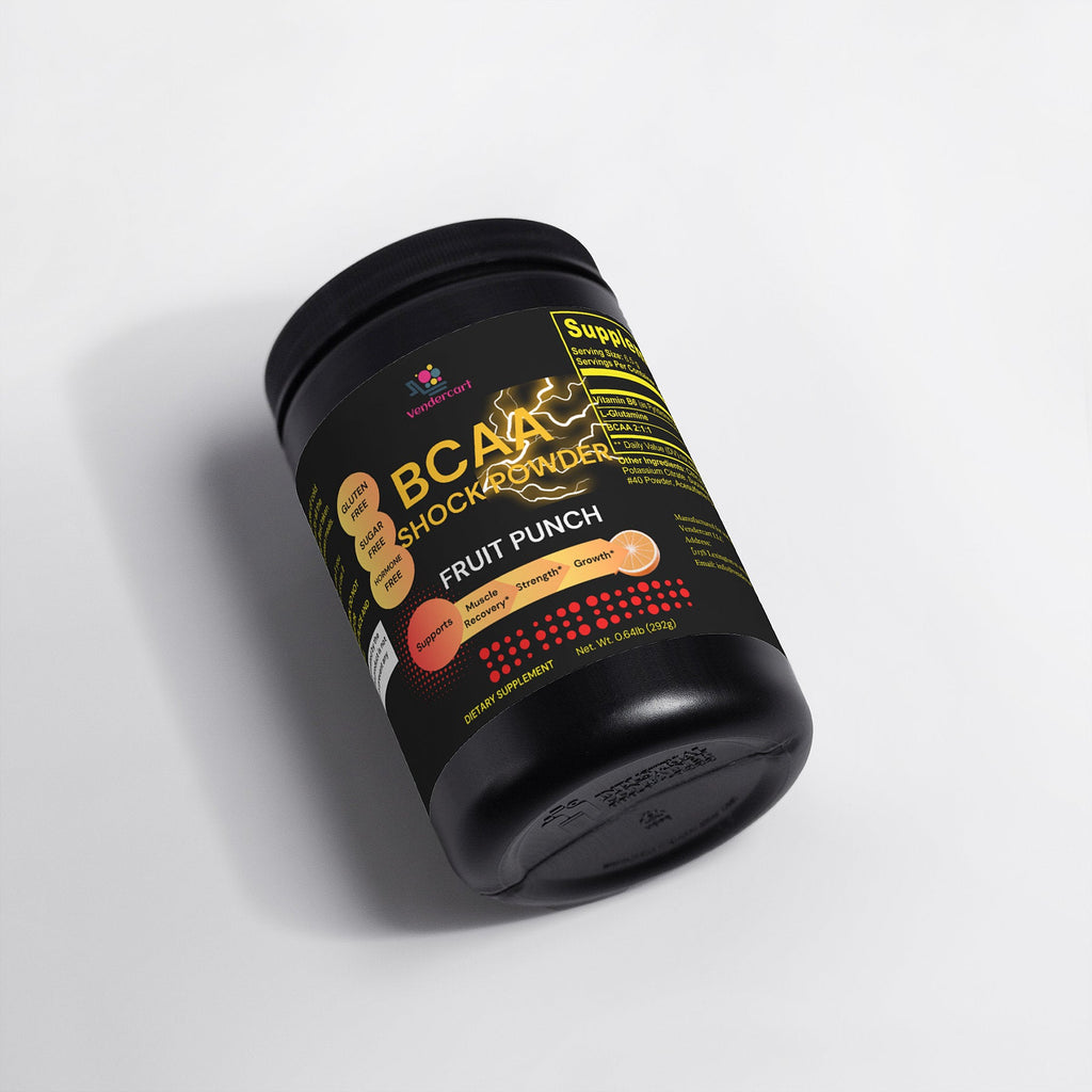Black BCAA Shock Powder tub angled view, Fruit Punch flavor