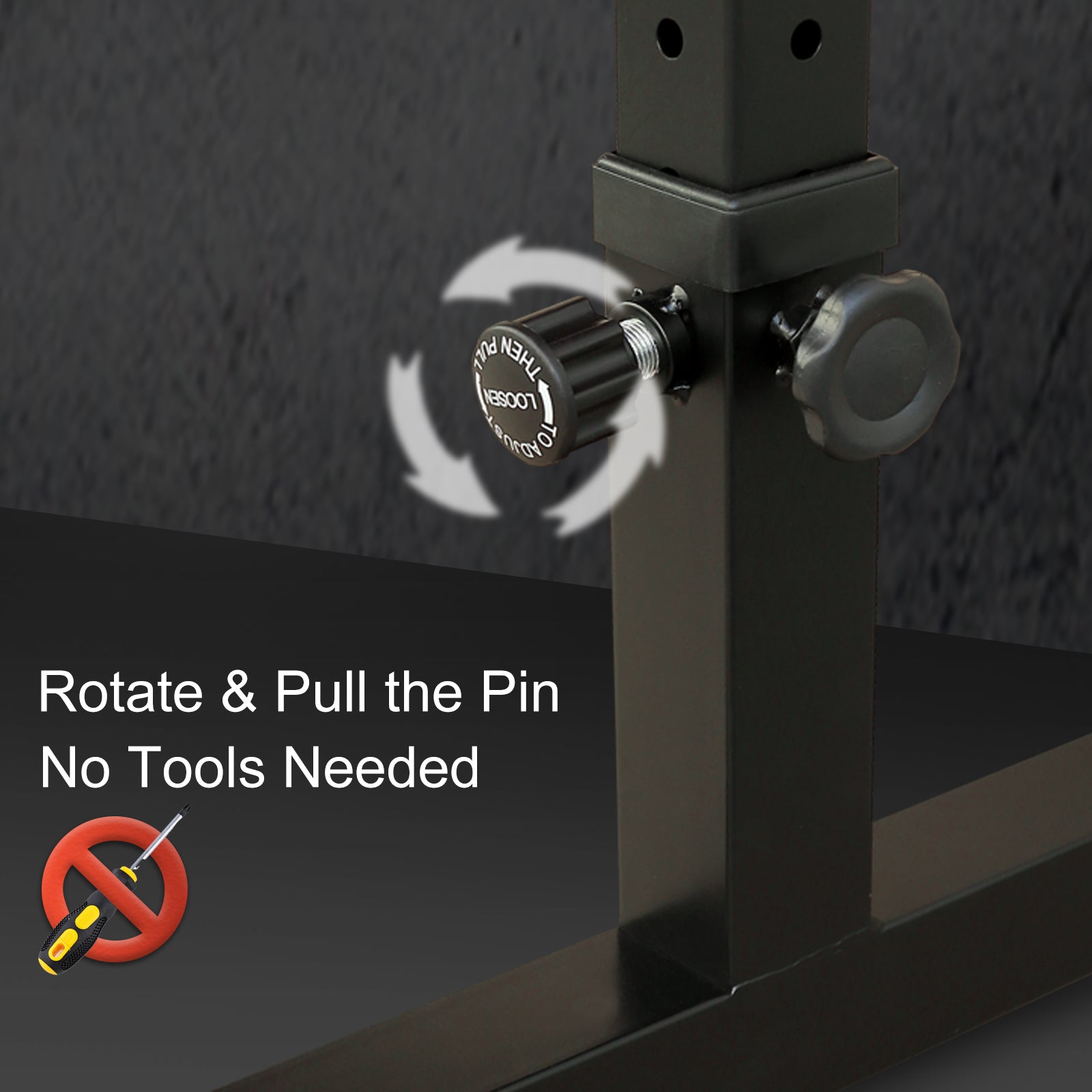Flat weight bench height adjustment pin with pull knob on black steel frame.