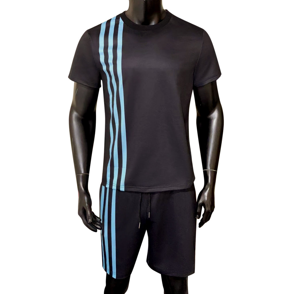 Black short-sleeve tracksuit set with vertical side stripes and drawstring shorts