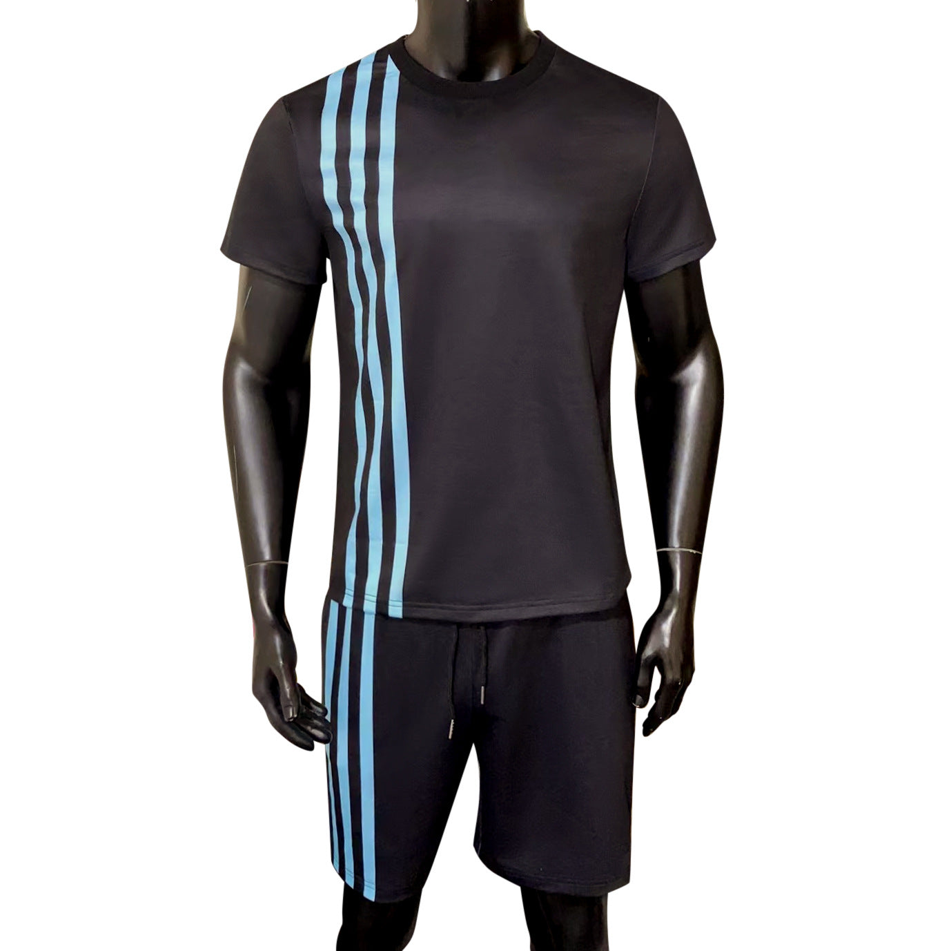 Black short-sleeve tracksuit set with vertical side stripes and drawstring shorts