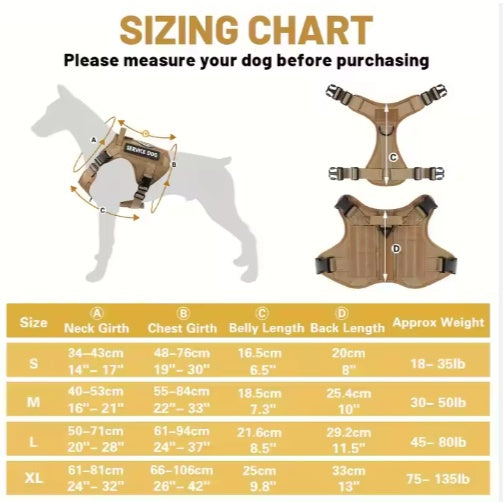 Tactical service dog harness vest sizing chart with measurement labels and harness views