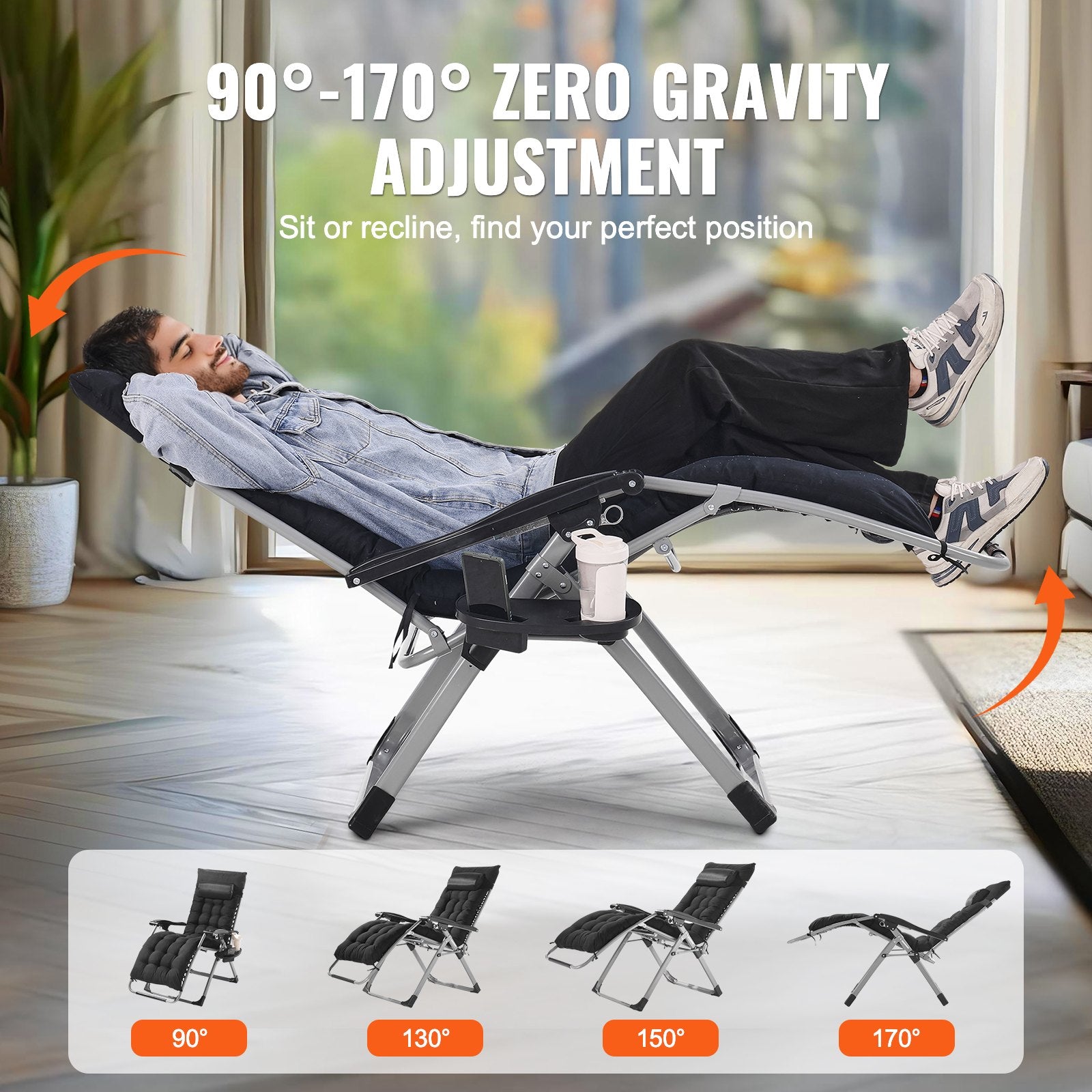 Black zero-gravity recliner set to a reclined position on metal tripod base.