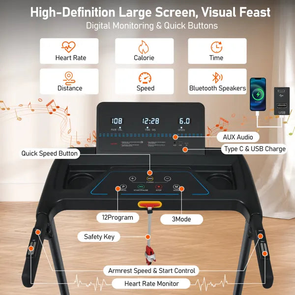Folding treadmill console with digital display, heart-rate monitoring, and control buttons