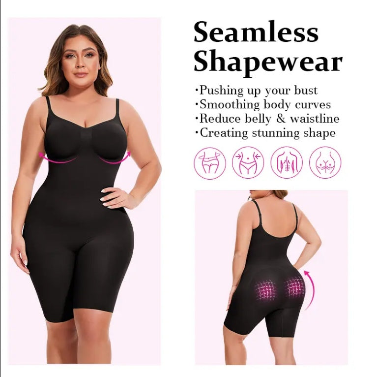 Black seamless bodysuit shaper short, front view; mid-thigh slimming coverage