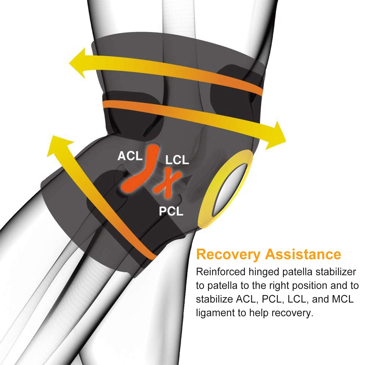 Black hinged open-knee knee brace with stabilizer plate and adjustable support straps