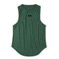 Dark green sleeveless fitness vest with crew neck and small barbell logo