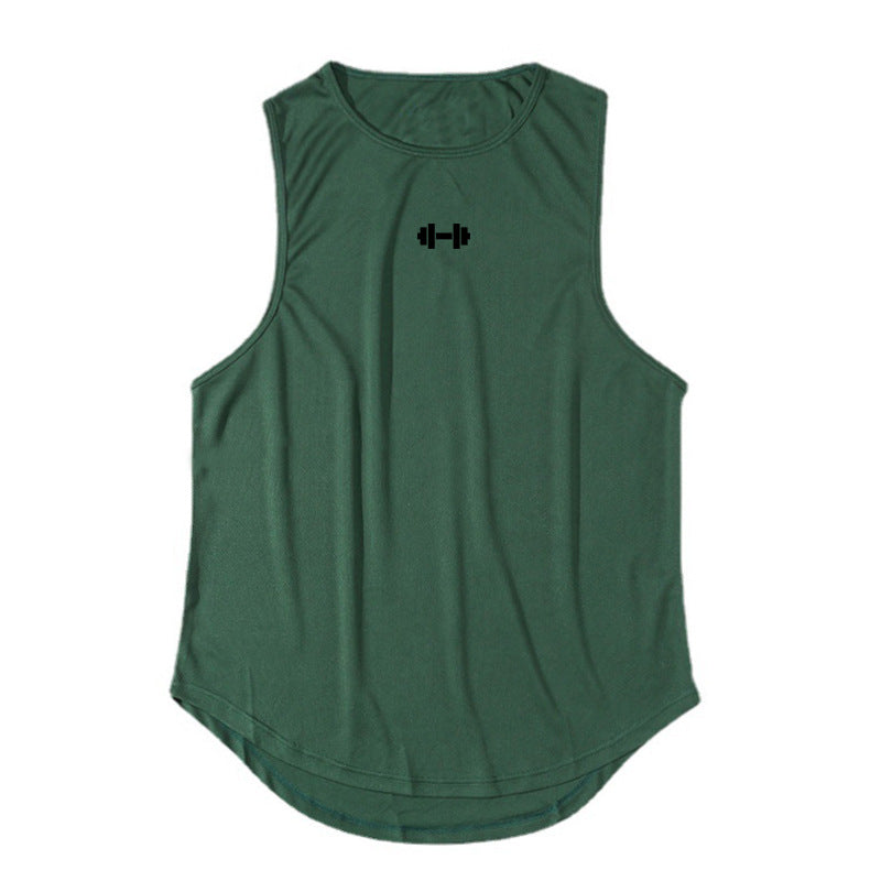 Dark green sleeveless fitness vest with crew neck and small barbell logo