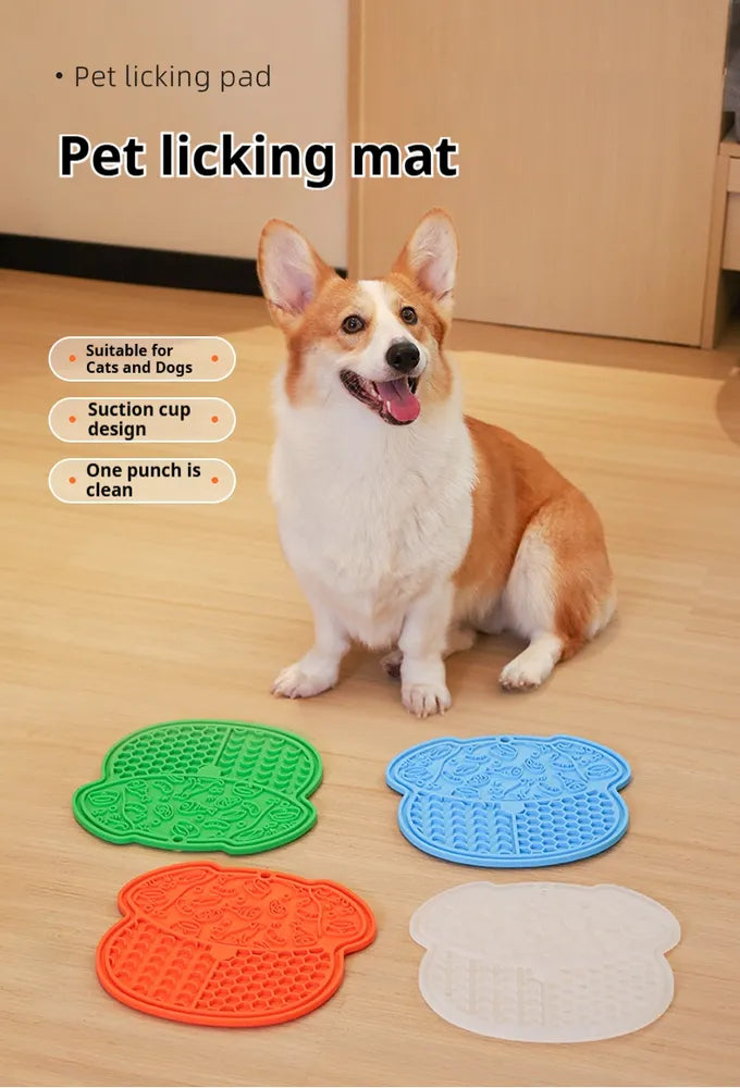 Pet licking mat set featuring an orange textured mat on the floor beside a dog