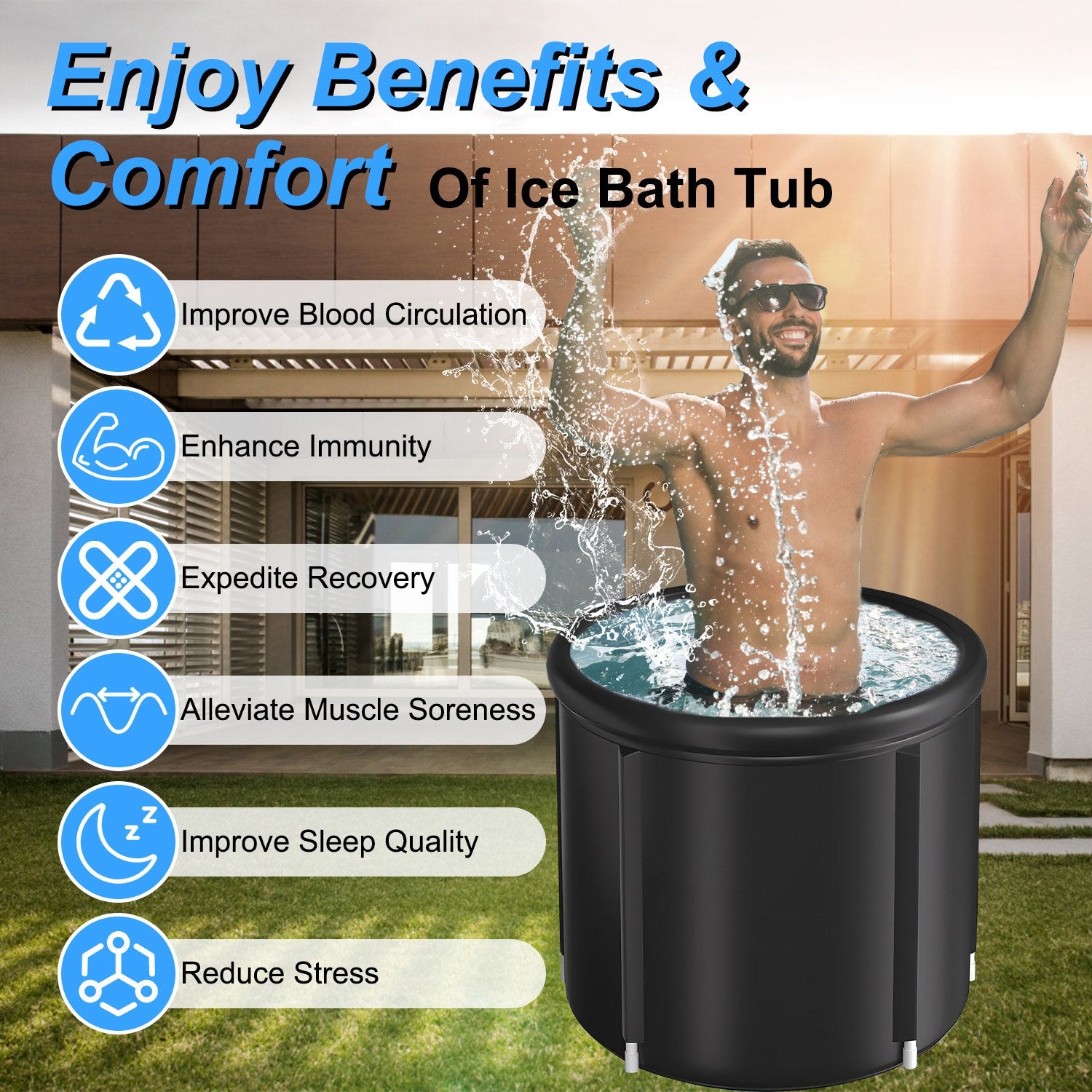 Cold plunge tub with black cover and water filled inside beside a person in shorts