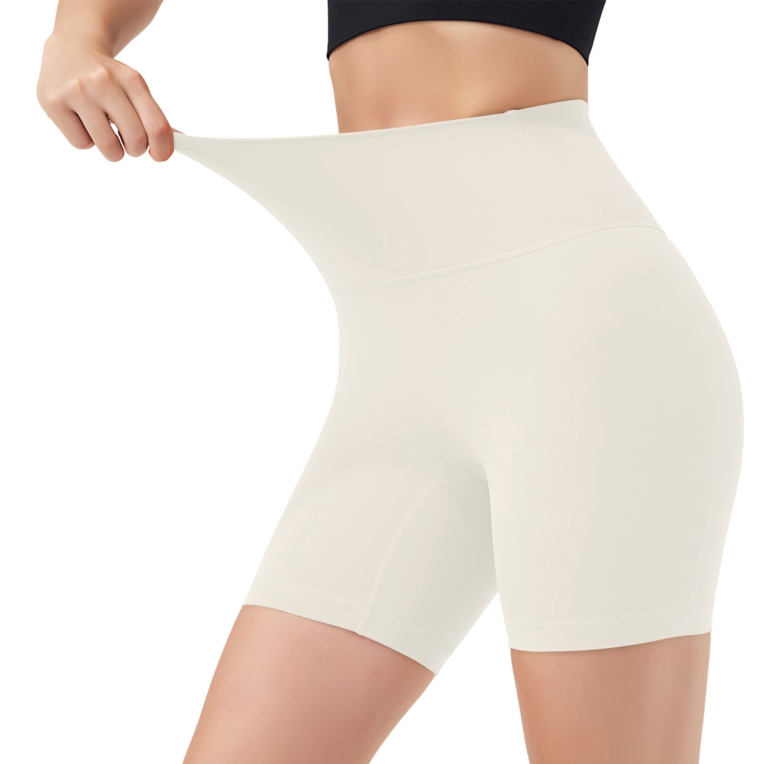 Ivory high-waist biker shorts with smooth seams, side view