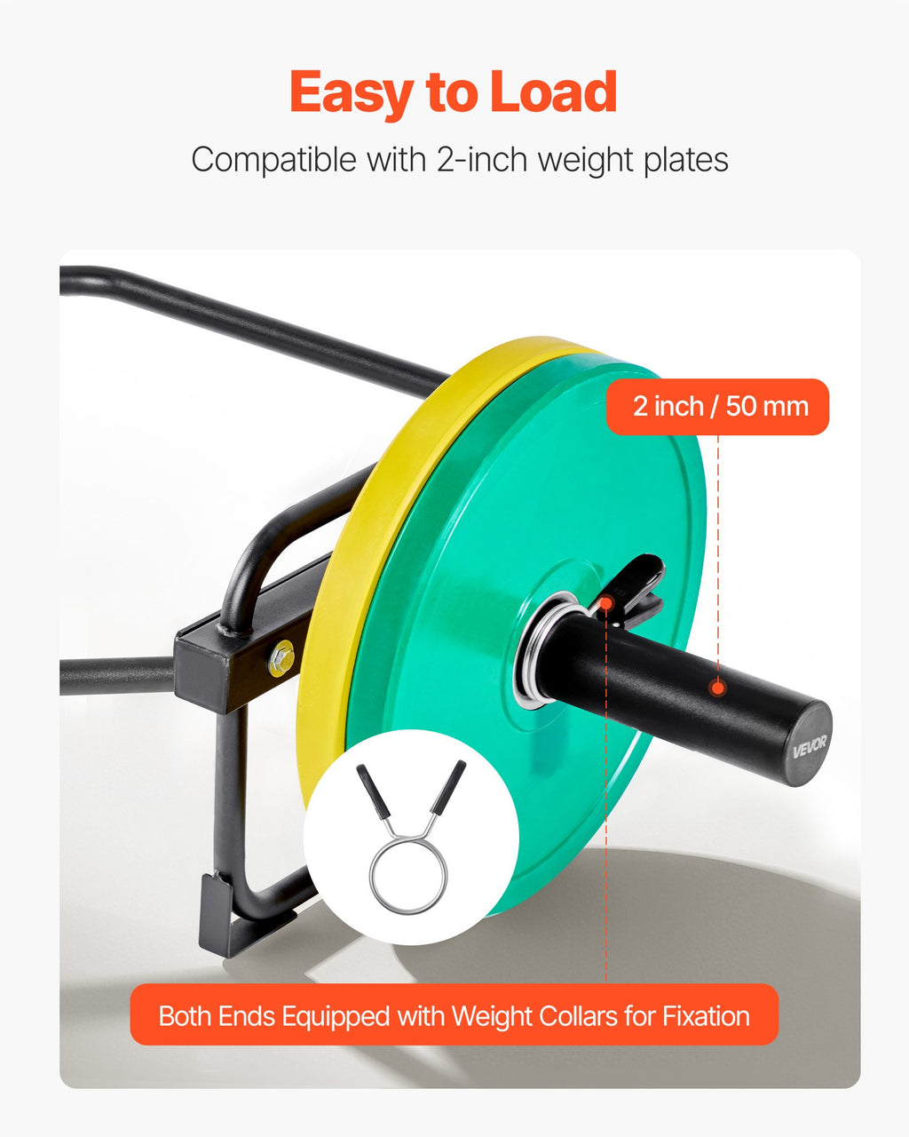 Hex trap bar close-up with black grips and collars securing 2-inch weight plates