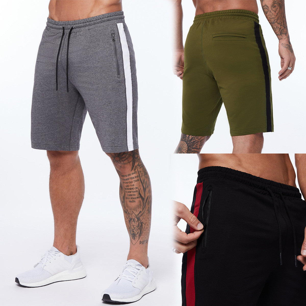 Colorblock running shorts in grey with white stripe and green with black stripe