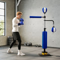 Blue reflex punching bag stand with padded upright post and two hanging balls