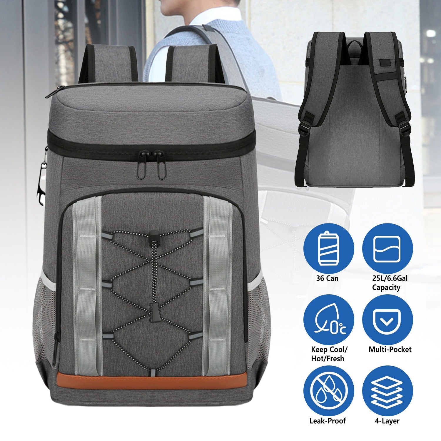 Grey insulated cooler backpack with front zip closure, padded top handle, and insulated front panel