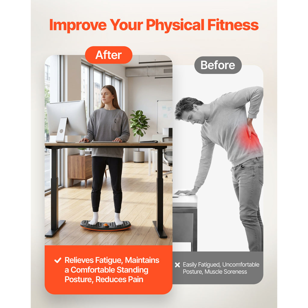 Standing wobble trainer with black textured surface, orange rim, and central dome