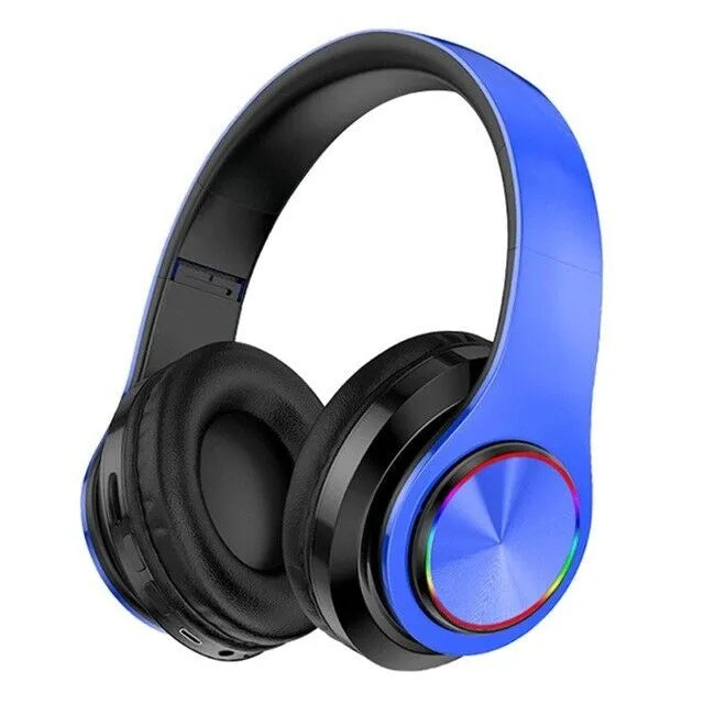 Blue-and-black foldable wireless LED headphones with rainbow LED ring on ear cup